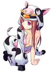 all_fours animal_costume animal_hat bare_shoulders breasts brown_hair censored collarbone convenient_censoring cow_costume hair_censor hair_over_breasts hat long_hair mawaru_penguindrum medium_breasts michi off_shoulder pink_eyes princess_of_the_crystal simple_background solo tail takakura_himari 
