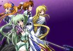  bardiche blonde_hair blue_eyes blush bodysuit brown_hair cape einhart_stratos fate_testarossa fingerless_gloves gloves green_hair hair_ribbon jacket long_hair lyrical_nanoha magical_girl mahou_shoujo_lyrical_nanoha_strikers mahou_shoujo_lyrical_nanoha_vivid multiple_girls older purple_eyes raising_heart red_eyes ribbon shinooka_itsuya side_ponytail staff takamachi_nanoha twintails very_long_hair vivio 