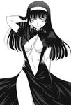  bags_under_eyes breasts center_opening cynthia_the_mission dress empty_eyes formal greyscale hair_flip hairband hand_in_hair highres kuga_araya long_hair medium_breasts monochrome navel no_bra open_clothes open_dress scar side_slit smile solo takatou_rui 