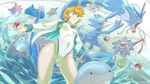  ass_visible_through_thighs blue_eyes breasts corsola covered_navel from_below gen_1_pokemon gen_2_pokemon gen_3_pokemon goldeen golduck gyarados gym_leader highres horsea jacket kasumi_(pokemon) keychain lanturn lapras luvdisc maigleco marill medium_breasts milotic one-piece_swimsuit open_clothes open_jacket orange_hair pikachu poke_ball pokemon pokemon_(anime) pokemon_(creature) pokemon_(game) pokemon_hgss politoed print_swimsuit quagsire seaking shellder short_hair smile splashing starmie staryu swimsuit togepi water white_jacket white_swimsuit 