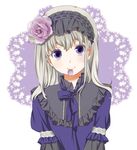  bad_id bad_pixiv_id face flower gothic_lolita grey_hair hair_flower hair_ornament hairband head_tilt headband lolita_fashion lolita_hairband mattaku_mousuke mouth_hold original petals pink_flower pink_rose purple_eyes ribbon rose smile solo 