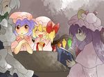  bad_id bad_pixiv_id blonde_hair bow braid closed_eyes comic crescent flandre_scarlet grey hair_bow hammer_(sunset_beach) hat izayoi_sakuya lavender_hair long_hair multiple_girls muted_color patchouli_knowledge purple_eyes purple_hair red_eyes remilia_scarlet short_hair side_ponytail silent_comic silver_hair smile touhou wings 