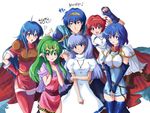  5girls :d angry arm_holding armor armored_dress bad_id bad_pixiv_id blue_eyes blue_hair blush cape chiki dress echizen_(hvcv) fire_emblem fire_emblem:_monshou_no_nazo fire_emblem:_shin_ankoku_ryuu_to_hikari_no_tsurugi green_eyes green_hair grin harem katua long_hair maleesia mamkute maria_(fire_emblem) marth multiple_girls open_mouth pauldrons pointy_ears red_eyes red_hair sheeda short_hair side_ponytail sidelocks smile thighhighs tiara v_arms zettai_ryouiki 