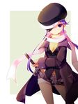  belt blush cabbie_hat eyepatch glasses hat hat_over_one_eye koflif long_coat long_hair original purple_hair ready_to_draw scarf short_shorts shorts solo sword turtleneck twintails weapon 