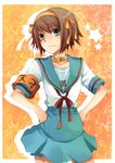  brown_hair choker cosplay dress green_eyes hair_ribbon hairband hands_on_hips kawamura_raichi kita_high_school_uniform orange_hairband ribbon rita_mordio school_uniform serafuku short_hair smile solo star suzumiya_haruhi suzumiya_haruhi_(cosplay) suzumiya_haruhi_no_yuuutsu tales_of_(series) tales_of_vesperia 