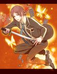  bad_id bad_pixiv_id brown_eyes brown_hair bug butterfly card falling_card flower insect katana letterboxed male_focus necktie persona persona_2 school_uniform shoko_makiko solo suou_tatsuya sword weapon 