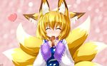  aburaage animal_ear_fluff animal_ears blonde_hair blue_dress blush closed_eyes dress ear_wiggle eating food fox_ears fox_tail happy_tears heart highres kazami_karasu multicolored multicolored_clothes multicolored_dress multiple_tails no_hat no_headwear short_hair smile solo tail tears touhou upper_body white_dress yakumo_ran 