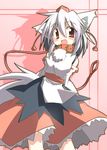  animal_ears arms_behind_back blush collar detached_sleeves fang hat inubashiri_momiji leash open_mouth short_hair silver_hair simple_background solo suzukishi tail tokin_hat touhou wolf_ears wolf_tail 