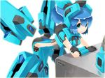  aqua_eyes arm_support bent_over blue_hair cosmic_break gloves hashiro leaning_forward lily_rain mecha_musume no_nose side_cutout simple_background solo 
