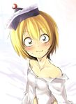  bare_shoulders blonde_hair blush commentary_request crescent dress_shirt face harusame_(unmei_no_ikasumi) hat lunasa_prismriver off_shoulder shirt short_hair solo surprised sweat touhou upper_body yellow_eyes 