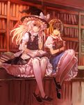  alice_margatroid alternate_hairstyle blonde_hair book bookshelf bow braid dress hair_bow hairband hand_on_own_cheek hat highres kirisame_marisa legs long_hair mary_janes multiple_girls pantyhose shoes short_hair smile touhou twin_braids white_legwear witch_hat wrist_cuffs zrero 