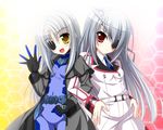  :&lt; :d black_eyepatch blue_bodysuit blush bodysuit cinque_(nanoha) covered_navel crossover endori eyepatch gloves infinite_stratos infinite_stratos_academy_uniform inoue_marina laura_bodewig locked_arms long_hair look-alike looking_at_viewer lyrical_nanoha mahou_shoujo_lyrical_nanoha mahou_shoujo_lyrical_nanoha_strikers multiple_girls necktie numbers'_uniform numbers_(nanoha) open_mouth print_eyepatch red_eyes seiyuu_connection silver_hair smile trait_connection trench_coat uniform waving yellow_eyes 