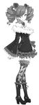  amy_sorel bare_shoulders boots breasts cleavage drill_hair fishnet_legwear fishnets flower fur_trim gothic_lolita greyscale hair_over_one_eye highres lolita_fashion medium_breasts monochrome non-web_source rose solo soulcalibur thighhighs twintails yunioshi 