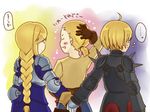  2boys agrias_oaks ahoge angelsyndrome armor blonde_hair blush boots braid cheating closed_eyes couple final_fantasy final_fantasy_tactics from_behind gloves hetero holding_hands long_hair multiple_boys mustadio_bunansa netorare ponytail ramza_beoulve short_ponytail single_braid spikes translated 