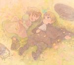  ahoge apron axis_powers_hetalia bad_id bad_pixiv_id basket blonde_hair blue_eyes boots brown_hair bug butterfly chibitalia_(hetalia) cloak closed_eyes cravat crossdressing dress grass happy hat head_scarf holy_roman_empire_(hetalia) insect laughing lying male_focus multiple_boys northern_italy_(hetalia) on_back on_side open_mouth outstretched_arm pon_(cielo) skirt 