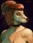  2017 anthro black_nose breasts bust_portrait canine choker deersun digital_media_(artwork) dog female fur hair half-closed_eyes hi_res mammal portrait red_hair saluki solo white_fur yellow_eyes 