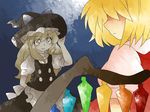  apron arm_behind_back bad_id bad_pixiv_id blonde_hair blouse comic dress flandre_scarlet frown hair_over_eyes hammer_(sunset_beach) hand_on_headwear hat kirisame_marisa multiple_girls muted_color shaded_face short_hair silent_comic smile touhou wings witch witch_hat yellow_eyes 