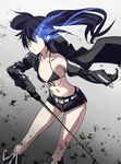  bikini_top black_hair black_rock_shooter black_rock_shooter_(character) blue_eyes boots burning_eye coat glowing glowing_eyes long_hair midriff navel scar shorts solo sword tsuuhan twintails weapon 