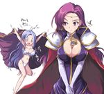  2girls ahoge bad_id bad_pixiv_id between_breasts blush bouncing_breasts bra breasts brunya cape circlet cleavage earrings echizen_(hvcv) elbow_gloves fire_emblem fire_emblem:_fuuin_no_tsurugi gloves idoun jewelry large_breasts lingerie long_hair multiple_girls o_o panties pauldrons pointy_ears purple_eyes purple_hair silver_hair underwear underwear_only v_arms very_long_hair zephiel 
