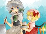  apron ascot bad_id bad_pixiv_id blonde_hair blue_eyes bow braid closed_eyes comic cooking curry flandre_scarlet food hair_bow hammer_(sunset_beach) hat izayoi_sakuya maid maid_headdress multiple_girls plate pot side_ponytail silent_comic silver_hair smile touhou twin_braids wings 