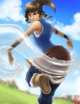  avatar:_the_last_airbender avatar_(series) bare_shoulders blue_eyes boots brown_hair element_bending korra long_hair ponytail solo the_legend_of_korra vyntresserdrake1991 water wristband 