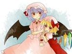  arm_hug ascot bad_id bad_pixiv_id blonde_hair blouse blue_background bow brooch cling comic dress flandre_scarlet hair_bow hammer_(sunset_beach) hat jewelry lavender_hair multiple_girls red_eyes remilia_scarlet short_hair siblings side_ponytail silent_comic sisters smile touhou wings wrist_cuffs 