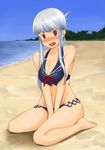  @_@ adapted_costume alternate_hairstyle bare_shoulders barefoot beach bikini blue_hair blush breasts cleavage day embarrassed groin hair_up kabocha_head kamishirasawa_keine large_breasts long_hair multicolored_hair open_mouth red_eyes revision sitting solo swimsuit touhou two-tone_hair v_arms wariza white_hair 