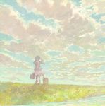  bad_id bad_pixiv_id boots briefcase cloud day from_behind grass holding long_hair looking_up luggage original pon_(cielo) river salute skirt sky solo standing twintails water wind 