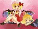 :d ascot bad_id bad_pixiv_id blonde_hair bloomers bow braid closed_eyes comic crossed_arms dress flandre_scarlet hair_bow hammer_(sunset_beach) hat hat_removed headwear_removed kirisame_marisa lying multiple_girls on_stomach open_mouth red_eyes shoes side_ponytail silent_comic sitting sitting_on_person smile touhou underwear v-shaped_eyebrows wings witch witch_hat 