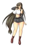  amano_mokuzu belt boots breasts brown_eyes brown_hair detached_sleeves earrings final_fantasy final_fantasy_vii huge_breasts jewelry legs long_hair midriff miniskirt mokuzu mokuzu120 open_mouth ponytail skirt smile solo standing suspenders tank_top tanktop tifa_lockhart very_long_hair 