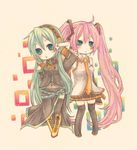  :3 bad_id bad_pixiv_id bare_shoulders blue_eyes boots colored_pencil_(medium) cosplay costume_switch cross-laced_footwear detached_sleeves frills hatsune_miku headphones headset kaze_yaku lace-up_boots lavender_hair long_hair megurine_luka midriff multiple_girls navel necktie pink_hair skirt thigh_boots thighhighs traditional_media twintails v vocaloid zettai_ryouiki 
