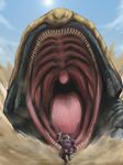  chasing desert full_armor kurii_chasuke monster monster_hunter monster_hunter_portable_3rd nibelsnarf open_mouth rhenoplos_(armor) running sand size_difference sun teeth tongue uvula 