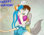  bandanna big_breasts blue_hair breasts butt canine cleavage clothed clothing eyewear female freckles freeheaven_(character) glasses green_eyes hair hair_beads happy_birthday jasmine jasmine_(skidd) male mammal mouse rodent sage_freehaven shorts skidd 