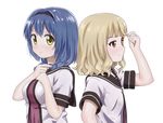  back-to-back black_hairband blonde_hair blue_hair blush closed_mouth dress furutani_himawari hair_ornament hairband hairclip long_hair multiple_girls nanamori_school_uniform nnaoki oomuro_sakurako sailor_dress school_uniform serafuku short_sleeves tsundere yuru_yuri 