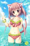  animal_ears bad_id bad_pixiv_id bikini brown_eyes cat_ears front-tie_top highres long_hair nanaroba_hana navel navel_piercing open_mouth original piercing polka_dot polka_dot_bikini polka_dot_swimsuit red_hair scrunchie solo swimsuit tail v wading water wet wrist_scrunchie 