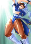 arm_up blue_eyes boots bracelet bracelets breasts brown_hair bun_cover capcom china_dress chinadress chinese_clothes chun-li digital_tambourine double_bun double_buns dress earrings hair_buns highres hiiaru jewelry legs open_mouth pantyhose solo spiked_bracelet spiked_bracelets spikes stockings street_fighter thighhighs thighs 