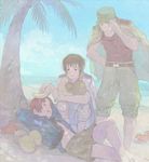  ahoge arm_up arms_behind_head axis_powers_hetalia bad_id bad_pixiv_id banana barefoot beach black_eyes black_hair blonde_hair blue_eyes blush brown_hair closed_eyes cloud coat crab day food fruit germany_(hetalia) happy hat jacket jacket_on_shoulders japan_(hetalia) leaning lying male_focus midriff military military_uniform multiple_boys necktie northern_italy_(hetalia) ocean on_back open_clothes open_coat open_mouth outdoors pale_color palm_tree pants pon_(cielo) shorts sky sleeping smile tank_top tree under_tree uniform water 