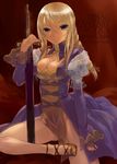  agrias_oaks blonde_hair braid breasts character_name cleavage copyright_name dress eyebrows_visible_through_hair final_fantasy final_fantasy_tactics frilled_dress frilled_sleeves frills large_breasts leg_up long_hair looking_at_viewer no_panties purple_eyes single_braid solo sword tooka weapon 