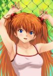  armpits arms_up blue_eyes blush breasts chain-link_fence covered_nipples fence hair_ornament highres kobayashi_yuuji long_hair neon_genesis_evangelion open_mouth orange_hair see-through small_breasts solo souryuu_asuka_langley upper_body 