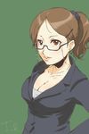  breasts brown_eyes brown_hair cleavage collarbone earrings face formal glasses hair_ornament hairclip jewelry lips medium_breasts office_lady original ponytail signature simple_background skirt_suit solo suit toshi_punk upper_body 