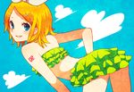  bad_id bad_pixiv_id bikini blonde_hair blue_eyes frilled_bikini frills grin hair_ornament hair_ribbon hairclip kagamine_rin looking_back monaco_(rmn02) ribbon smile solo swimsuit vocaloid 