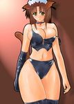  animal_ears animal_tail blush breasts brown_hair choker cleavage digital_tambourine dog_ears elbow_gloves gloves headdress heart highres hiiaru hips jewelry large_breasts latex latex_gloves leather midriff panties pendant single_glove solo standing tail thighhighs thighs underwear yellow_eyes 