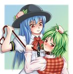  bdsm blue_eyes blush collarbone food fruit green_hair hair_grab hat hinanawi_tenshi kazami_yuuka leash multiple_girls peach plaid red_eyes role_reversal sweatdrop tagosaku_(angel) touhou upper_body 