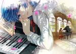  bass_clef beamed_eighth_notes beamed_sixteenth_notes beamed_thirty-second_notes blue_eyes blue_hair dotted_eighth_note grace_note grand_piano instrument keyboard_(instrument) lips long_sleeves musical_note open_window petals piano piano_danshi red_ribbon ribbon sakurana_haru sheet_music shirt short_hair signature tears treble_clef white_shirt window 