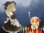  ^_^ apron ascot bad_id bad_pixiv_id bandaid blonde_hair bow closed_eyes comic dress flandre_scarlet hair_bow hammer_(sunset_beach) hand_on_hip hat kirisame_marisa long_hair multiple_girls muted_color open_mouth red_eyes short_hair side_ponytail silent_comic touhou wince wings witch witch_hat 