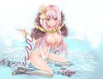  arima_natsubon bandeau bow breasts cleavage detached_sleeves feathers green_eyes hair_bow hairband high_heels large_breasts long_hair no_panties partially_submerged pink_hair ragnarok_online sandals shoes sitting smile solo sorcerer sorcerer_(ragnarok_online) strapless tubetop wariza water 