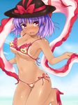  bikini blush bow breasts cameltoe cleavage dark_skin frilled_bikini frills ginji74 hat hat_bow high_heels large_breasts nagae_iku navel open_mouth purple_hair red_eyes sandals shawl shiny shiny_skin shoes short_hair side-tie_bikini solo swimsuit tan tanline tears thigh_gap touhou 