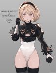  1girl bangs black_gloves black_legwear blonde_hair blush breasts brown_eyes character_name cleavage cleavage_cutout copyright_name cosplay covered_navel cowboy_shot djeeta_(granblue_fantasy) eyebrows_visible_through_hair gloves granblue_fantasy grey_background groin hair_between_eyes hand_up highleg highleg_leotard holding juliet_sleeves leotard long_sleeves looking_at_viewer medium_breasts milli_little nier_(series) nier_automata parted_lips puffy_sleeves simple_background solo thighhighs white_gloves white_leotard yorha_no._2_type_b yorha_no._2_type_b_(cosplay) 