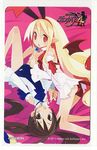  bare_legs bat_wings blonde_hair brown_eyes brown_hair candy disgaea earrings flonne flonne_(fallen_angel) food harada_takehito jewelry jpeg_artifacts kazamatsuri_fuuka long_hair lying makai_senki_disgaea_4 multiple_girls official_art pointy_ears red_eyes school_swimsuit swimsuit tail twintails wings 