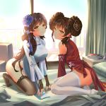  2girls :/ balcony bangs bare_shoulders bending_forward black_legwear blue_sky blush book_stack breasts bridal_gauntlets brown_hair chair china_dress chinese_clothes curtains detached_sleeves double_bun dress expressionless eyebrows_visible_through_hair flower garter_straps girls_frontline glass_door gonzz_(gon2rix) hair_flower hair_ornament head_tilt highres indoors kneeling large_breasts lipstick looking_at_viewer looking_back makeup multiple_girls no_panties on_bed pillow pink_lipstick qbz-95_(girls_frontline) qbz-97_(girls_frontline) railing sitting sky sliding_doors smile sunlight thighhighs white_legwear yellow_eyes yokozuwari 
